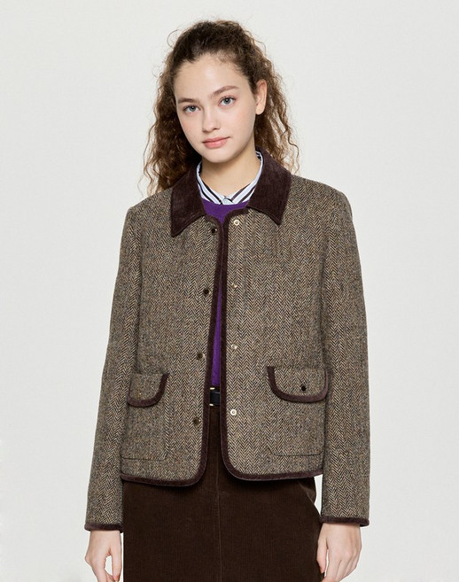 해리스트위드 벨벳배색 숏자켓 다크베이지 HSJA5D907I3