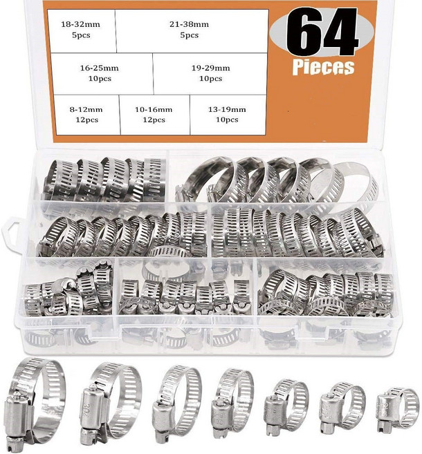 64Pcs 조정 가능한 8-38mm 직경 클립 웜 기어 호스 클램프 다양한 파이프 용 구색 키트 자동차 기계 사용, [02] 8-12mm 5pcs, 1개