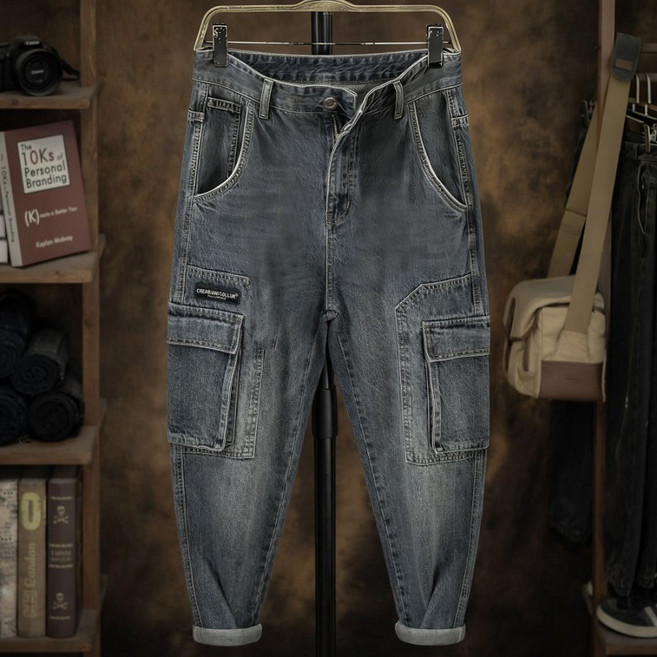 COSYEVNO 카고 청바지 남성 캐주얼 빈티지 루즈핏 배기 팬츠