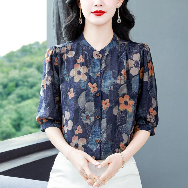 바니드 여성의류 소매의 우아하고 세련된 플라워 셔츠 여름 5부 블라우스 0288