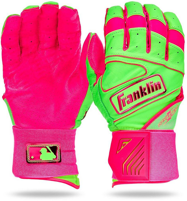 Franklin SPORTS 스포츠 MLB 배팅 장갑 - 인피니트 파워스트랩 야구 + 소프트볼 내구성 있는 풀 랩 케이지 연습 장비 롱 커프 손목 튼튼한 가죽 성인용 스몰 블랙, 핑크/애플 그린