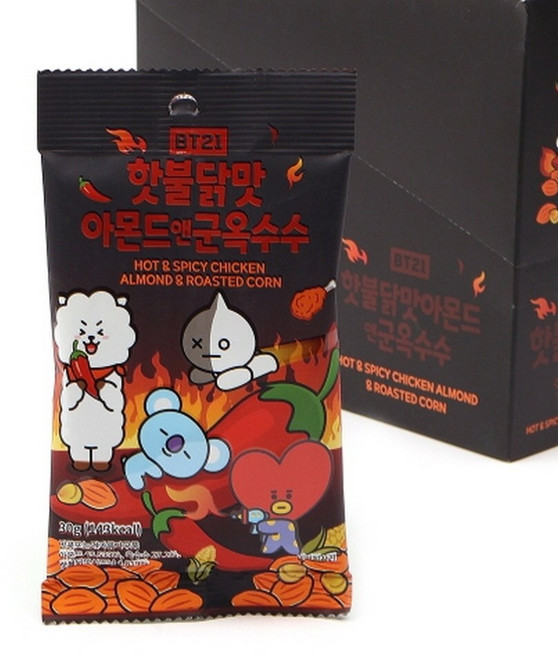 BT21 핫불닭맛 아몬드 엔 군옥수수, 12개, 30g