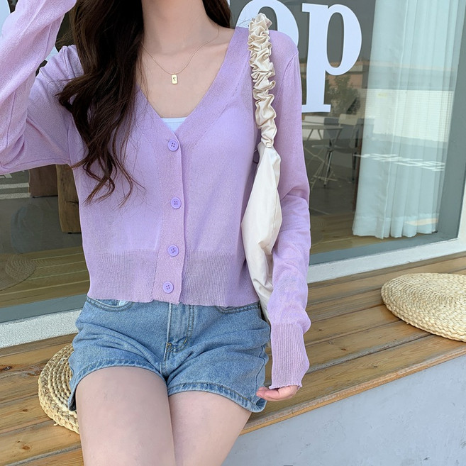 야오야오 여성용 브이넥 얇은 크롭 긴소매 니트 가디건