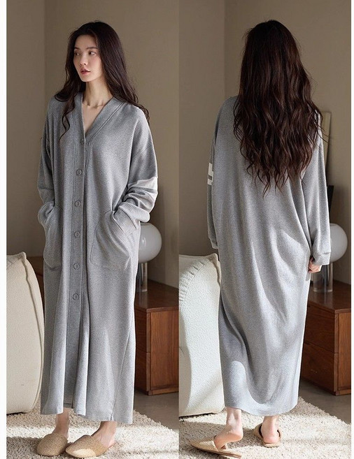 여성 봄 가을 브이넥 긴팔 잠옷 원피스 빅사이즈 파자마 원피스 샤워가운 목욕가운