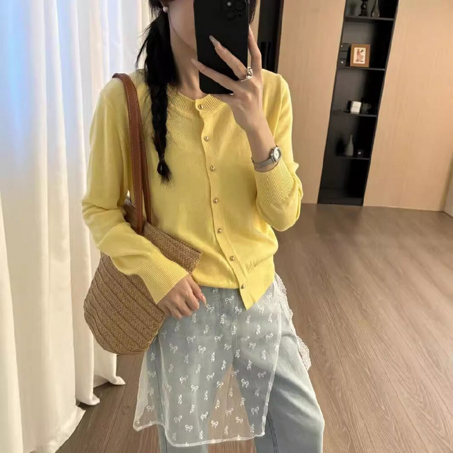 하라크 여성 메탈 단추 포인트 카디건 니트 가디건