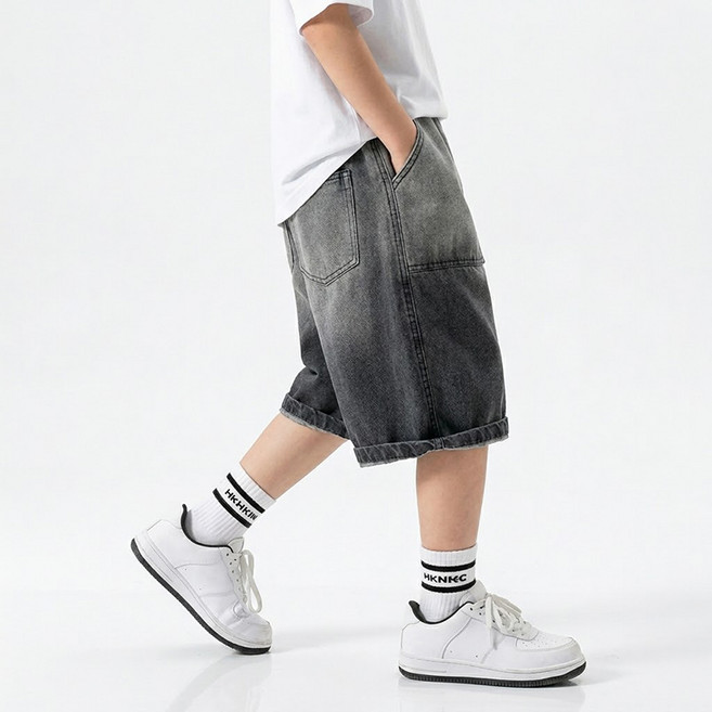 UPPERCUT 아동 와이드 청 반바지 데님 숏팬츠 초등학생 반바지 6부 데님팬츠 주니어 여름 청바지 남녀공용 흑청반바지