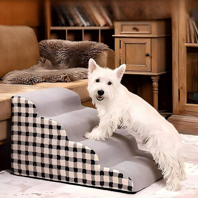 강아지 계단 애완동물 계단 소형견 침대 침대 옆 침대 사다리 오르기 2단 3단 4단, 1개, 흑백 체크 무늬