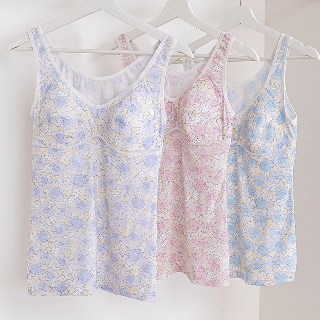 국산 여성 풍기인견 노와이어 홑겹 풀커버 나시 플라워 런닝형 브라탑 1매 3color