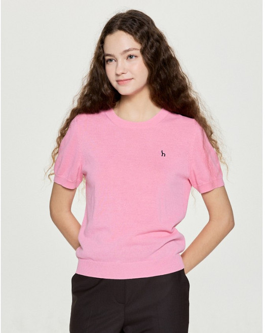 헤지스 린넨 블렌드 라운드넥 반팔 풀오버 핑크 YMHSSW5C604P2