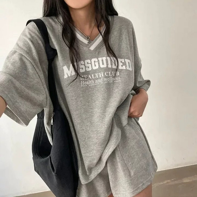 ANYOU 여름 브이넥 레터링 프린트 반팔 맨투맨 티셔츠 캐주얼 트레이닝 세트 여자