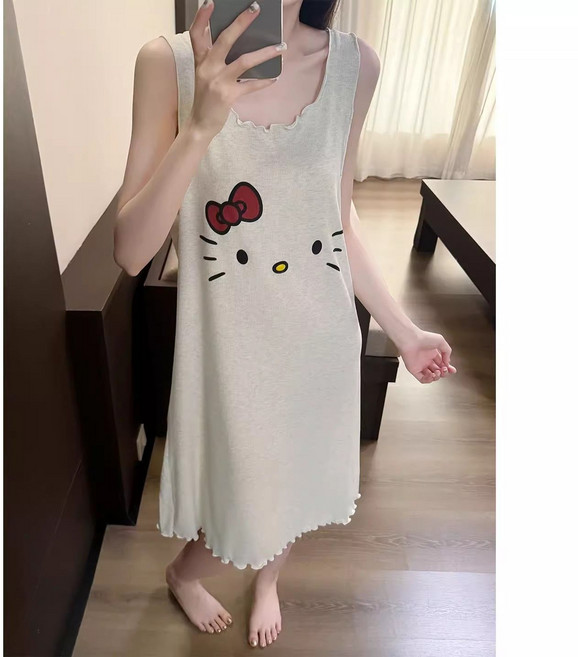 반반 여름 귀여운 캐릭터 키티 나시 잠옷 여 얇은 빅 사이즈 루즈핏 민소매 파자마 홈웨어