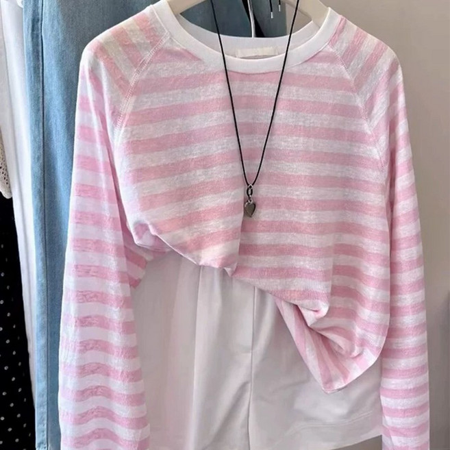 별맘 여성 오버핏 스트라이프 티셔츠 얇은 긴팔티