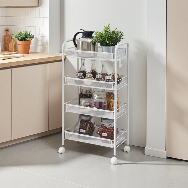 인더몰 이동식 튼튼한 철제 선반 트롤리, 화이트