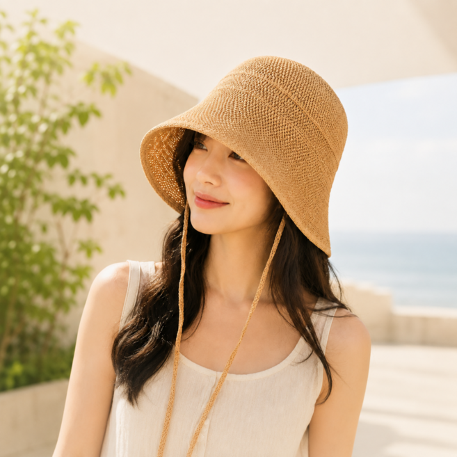 융풍 여성 린넨 자외선차단 모자 여름 버킷햇 끈 스트랩 햇빛가리개 라이트브라운