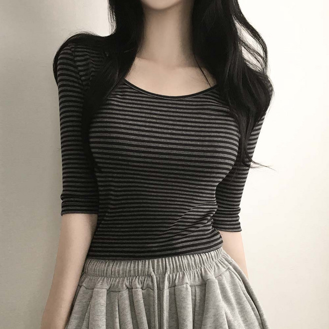 여리슬림핏 바로 그 티셔츠! 데일리 유넥 단가라 7부반팔티
