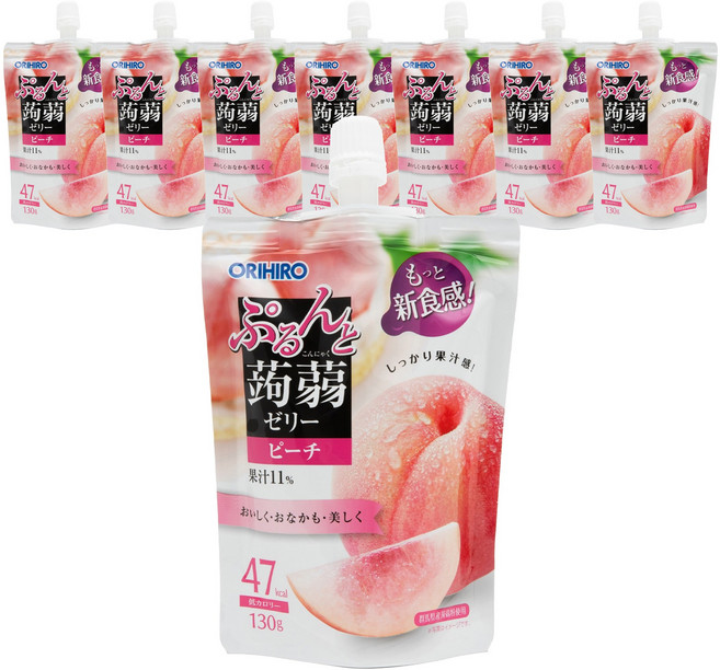 ORIHIRO 오리히로 탱글탱글 곤약젤리 스탠딩 복숭아맛 130g X 8개세트 일본젤리 일본간식 일본군것질 일본곤약젤리, 8개