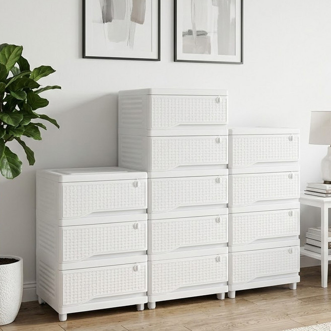 홈예스 국내산 플라스틱 서랍장 3단 라탄서랍장 옷정리 수납장, 3개, 화이트