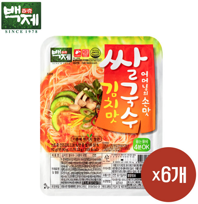 백제 김치맛 쌀국수, 92g, 6개