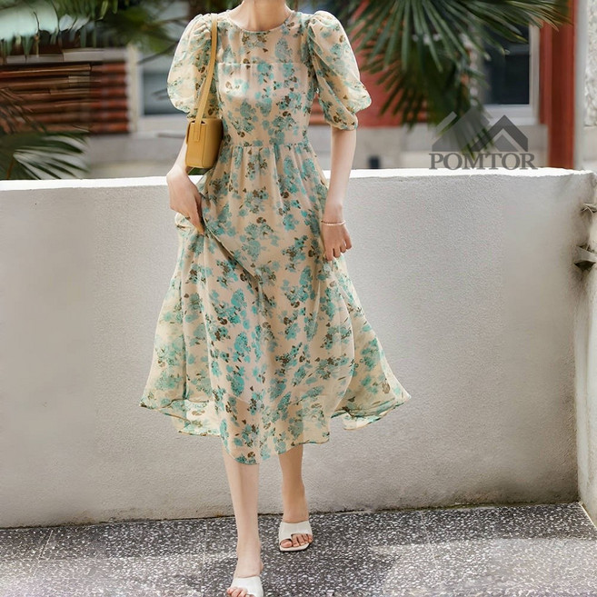 POMTOR 여름 여성 루즈핏 플라워 퍼프 휴양지 롱 원피스