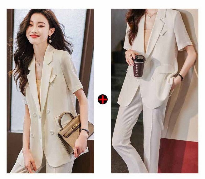 여성 정장 긴바지 투피스 여름 얇은 반팔 블레이저 자켓 + 롱팬츠 여자 캐주얼 세트 LT