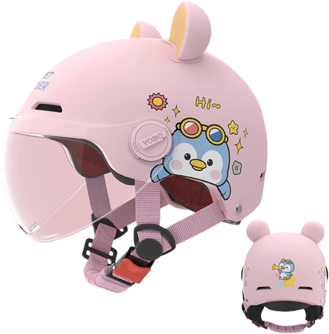 MILLANDA 3c 헬멧 오토바이 헬멧 큐티 헬멧 사계절 안전모, 핑크색-투명 렌즈-곰의 귀