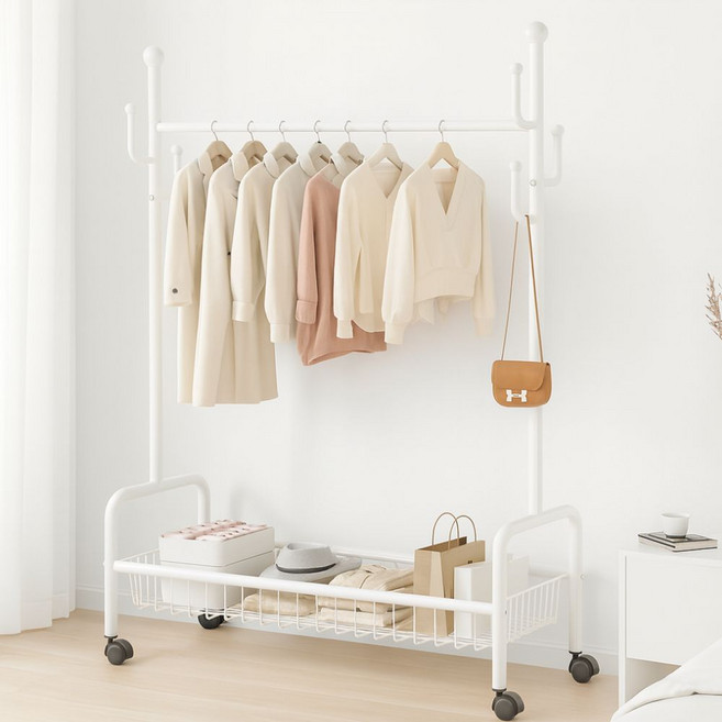 라온프리 튼튼한 철제 수납 이동식행거, 화이트