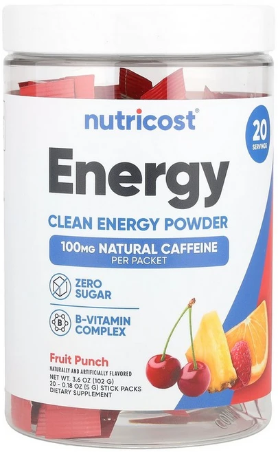 뉴트리코스트 Nutricost Energy Clean Energy Powder Fruit Punch 20 Stick Packs 0.18 oz 5 g Each, 패킷 - 쿠팡