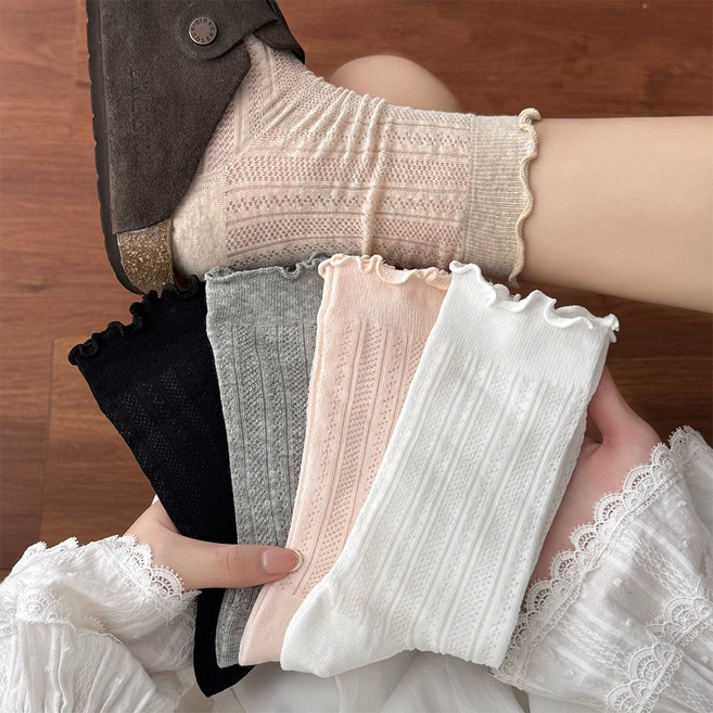 Amnesia cat 여성용 레이스 양말 봄여름용 플로럴 자수 중목양말 무압박 흰색 면양말 학생용 패션 양말 5족 세트