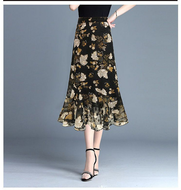 雪紡印花中長款高腰A字魚尾裙