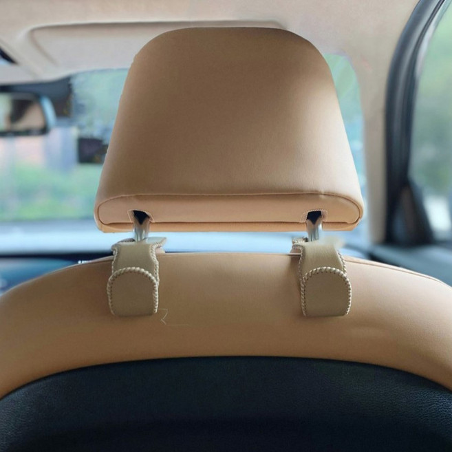 모두달라 차량용 헤드레스트 가죽 후크걸이, 베이지, 1세트