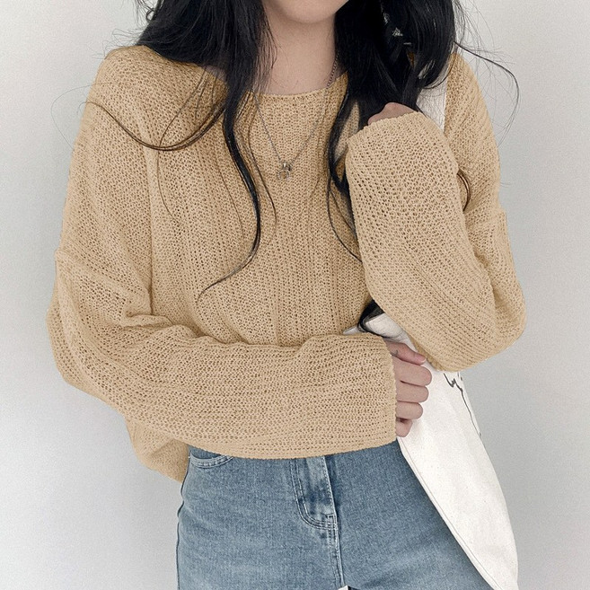 플랜와이 여리여리한 여성 라운드 루즈핏 긴팔 시스루 니트