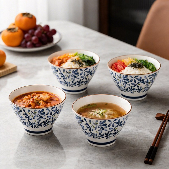 WHH 라면 그릇 우동 짬뽕 덮밥 냉면 면기 순수 도자기 면기 세트, 4개, 블루