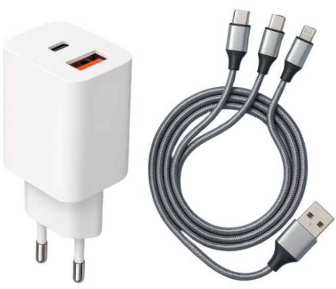 차지앤고 20W 듀얼포트 PD PPS 고속충전기 C타입 2개 8핀 1개 케이블 포함 1세트, 화이트