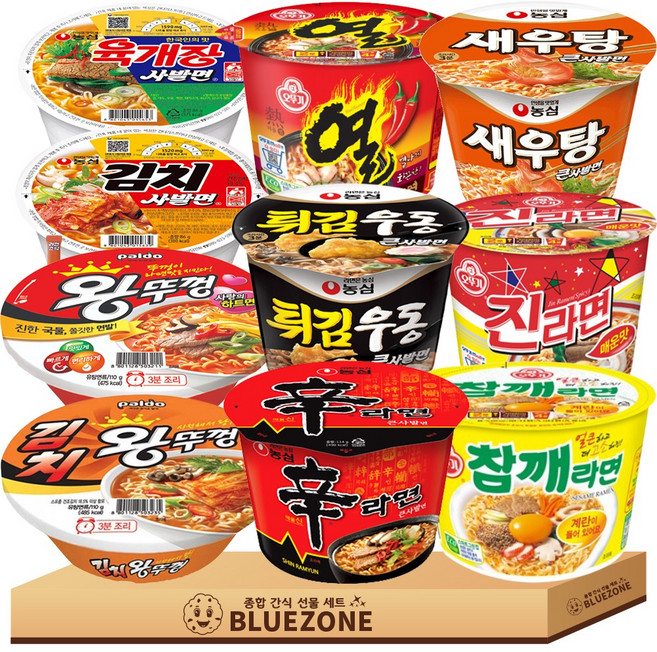 [블루존] 큰컵 컵라면 세트 왕뚜껑 김치왕뚜껑 도시락 육개장 김치사발면 신라면 열라면 진라면 참깨라면 튀김우동, 1박스