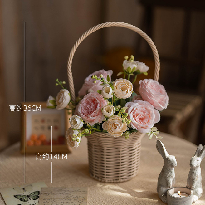 手工草編花籃 田園風客廳裝飾擺件插花籃, 1件, 粉色青春茶苞牡丹混和36CM韓式米色手提花籃:1