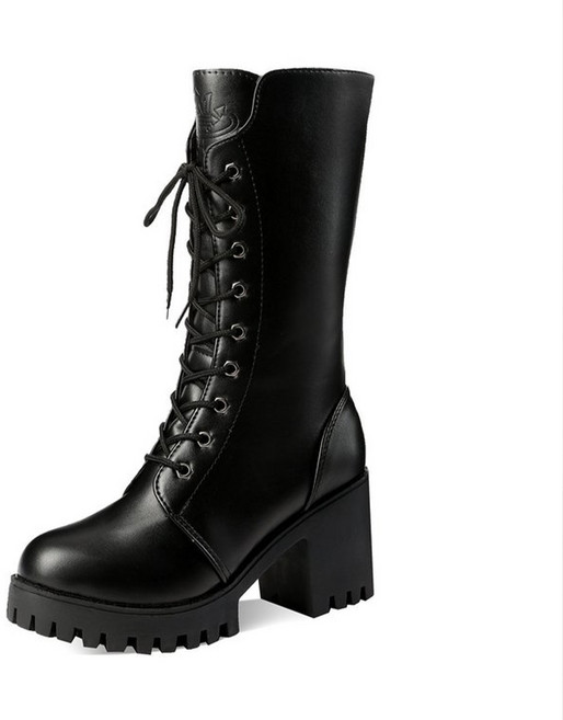 여성 통굽 레이스 지퍼 미들 워커 부츠