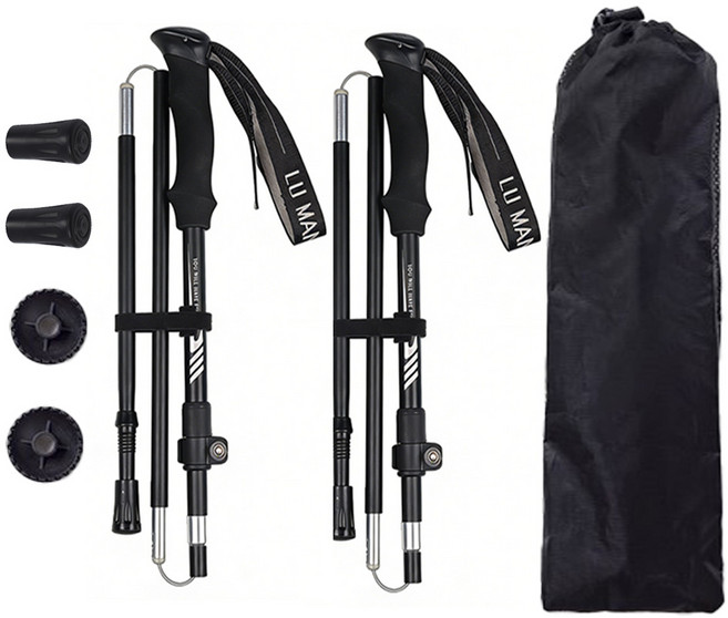 접이식 듀랄루민 등산스틱 2개, 1세트, 검정색