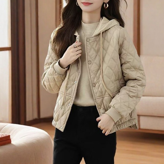 아가일 누빔 후드 패딩 점퍼 가을겨울 간절기 경량 숏 코트 똑딱이단추 루즈핏 캐주얼 바람막이 여성 자켓 3xl까지
