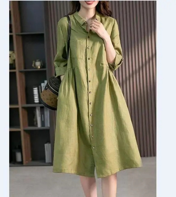녕동 여성 7부소매 면마 원피스 가을 롱원피스 폴로넥 버튼 린넨 셔츠원피스 롱남방 하객룩