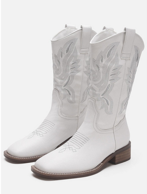 COSYEVNO 여성 웨스턴 데님 부츠 봄 가을 빅사이즈 패션 소프트 레더 자수 롱 부츠 lyjnzx-1