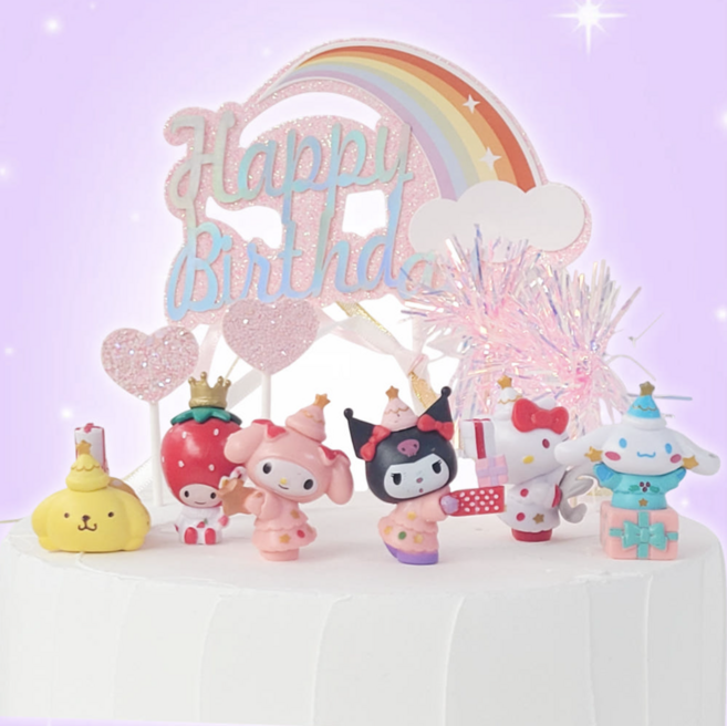 (딸기파티 산리오) 글리터하트 케이크토퍼 세트 데코픽 생일 파티 데코 피규어 장식