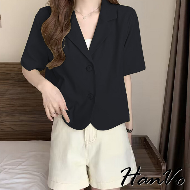 HanVo 翻領短版薄款西裝外套 簡約素面韓系女裝