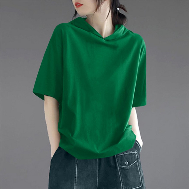 TKX 여성 면 후드 티셔츠 루즈핏 반팔 캐주얼 심플 데일리 베이직 편안한 여름 봄 코디