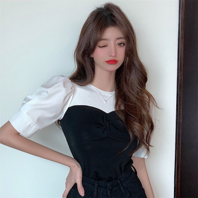 해피유통 여성 봄여름 반팔 귀여운 스타일 탑 퍼프소매 캐주얼 베이직djz