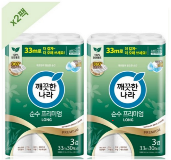 깨끗한나라 순수프리미엄 3겹 롱 33m 30롤 2팩, 2세트