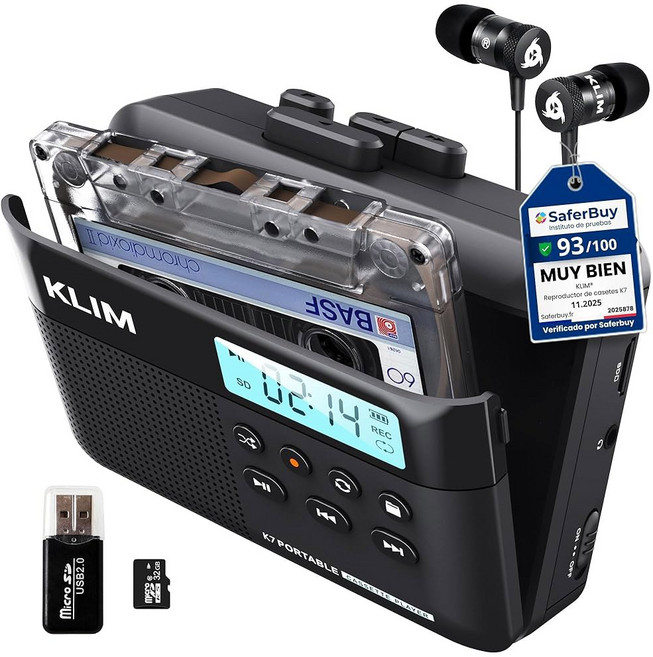 KLIM K7 카세트 테이프 플레이어 + 카세트 to MP3 컨버터 + 휴대용 카세트 플레이어 + 내장 마이크 및 스피커 + 충전식 배터리 + 이어폰 + 32GB SD 카드, 32GB Black