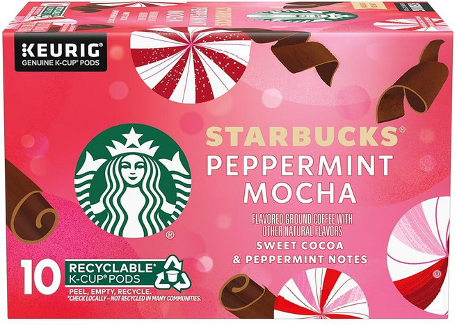 Starbucks 가향 K-Cup 커피 포드 — 큐리그 브루어용 페퍼민트 모카 — 1박스 (포드 10개)