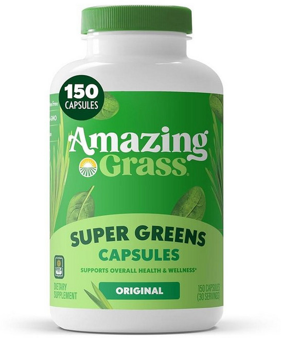 Amazing Grass 어메이징 그라스 Greens Blend 슈퍼푸드 스피루리나 클로렐라 프로바이오틱스 150캡슐, 150 Count (Pack of 1), 1, 150