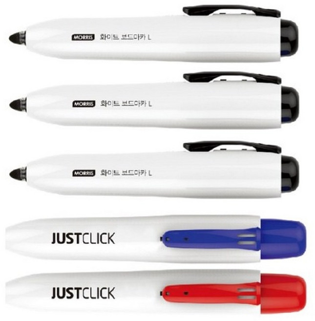 모리스 저스트클릭 노크식 보드마카 L 5개 세트(모리스 정품 블리스터 포장 케이스), 보드마카 L 검정3개+레드1개+블루1개 세트