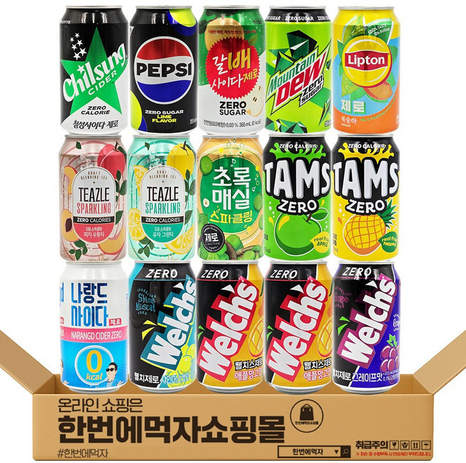[한번에먹자] 제로음료수 뚱캔 혼합세트 (칠성사이다제로업소+펩시제로업소+갈배사이다제로+마운틴듀제로+립톤제로+티즐제로2종+초록매실제로+탐스제로2종+나랑드사이다+웰치스제로4종), 355ml